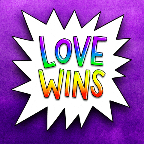 Text gif. White dodecagram with extra long points with on a purple background, with a rainbow message reads, "Love wins!"