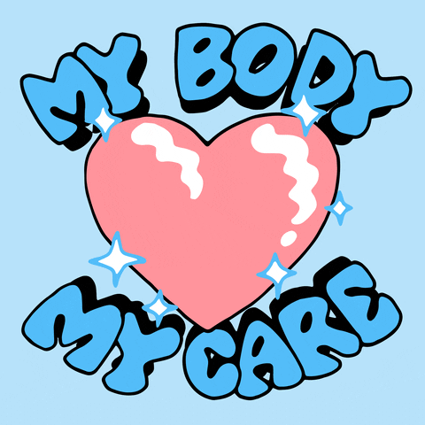 Text gif. Blue bubble letters reading "My body, my care" surround a big, pink heart that twinkles and shimmers against a light blue background.
