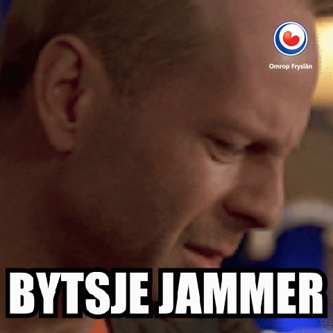 Celebrity gif. Bruce Willis looking up, perplexed and irritated. Text, in the Western Frisian language, "Bytsje jammer."