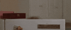 Movie gif. Robin Williams as Mrs. Doubtfire pops up from behind a refrigerator door, face is covered in thick cream. She acts like she doesn't notice it as she cheerily greets us, saying, "Hello!"