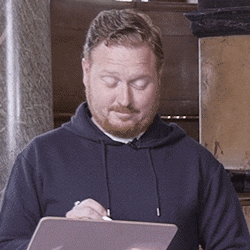 Video gif. Thomas Aldridge, as Ron in Harry Potter and the Cursed Child, ponders something then gets a quizzical look on his face as if to say, “What?”