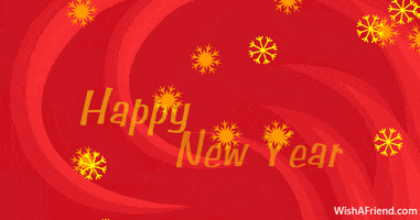 Digital art gif. The words “Happy New Year” appear, surrounded by red swirls and falling yellow snowflakes.