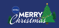 Ad gif. An illustrated sleigh arcs across the sky from a Nivea logo at the upper left. It disappears behind a fir tree with a star on top and twinkling lights strung below. Text, "Merry Christmas."