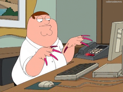 Family Guy gif. Peter Griffin frowns as he tries to type with long press-on nails.