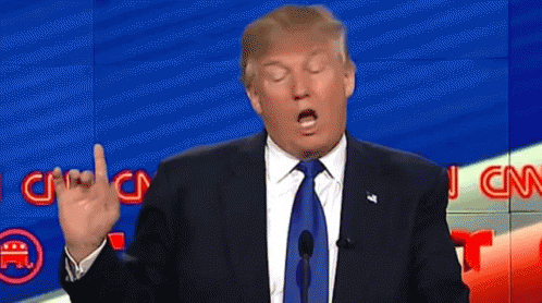 Political gif. Donald Trump with his eyes closed, shaking his finger and his head and saying "no."