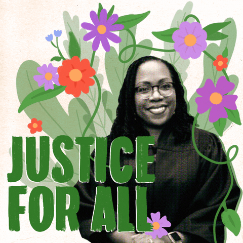Political gif. Black and white portrait of Ketanji Brown Jackson wearing a judge's robe and smiling at us while surrounded by animated lavender and orange flowers on an ivory background. Text, "Justice for all."