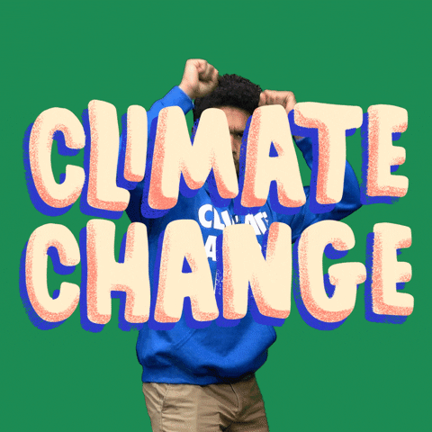 Digital art gif. Man wearing a blue sweatshirt that says "Climate action now" punches upwards, destroying large bubble text that reads "Climate change," all against a green background.