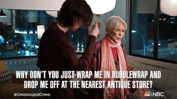 TV gif. Ellen Burstyn as Bernadette in Law and Order: Organized Crime furrows her brow and gestures angrily to a young man as she says, "Why don't you just wrap me in bubble wrap and drop me off at the nearest antique store?"