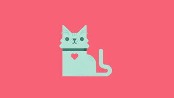 Digital art gif. Geometric cartoon cat with a red, heart-shaped collar blinks at us. A yellow heart rolls in from left to right, the cat following the heart with its eyes, its tail wagging with interest.
