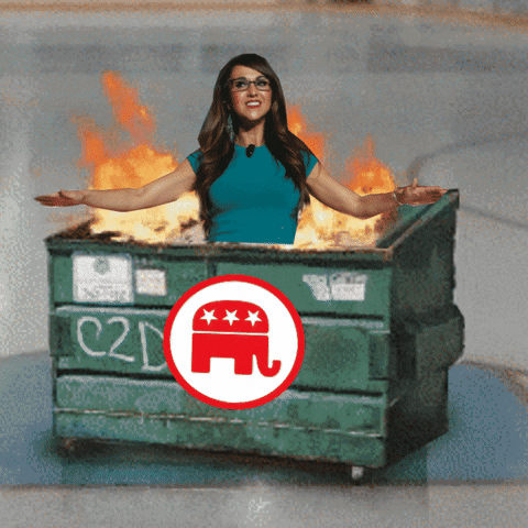 Political gif. Congresswoman Lauren Boebert emerges from a raging dumpster fire. The dumpster is stamped with a red and white elephant.