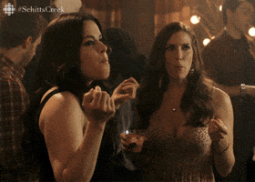 Schitt’s Creek gif. Sarah Levy as Twyla and Emily Hampshire as Stevie smile as Stevie raises her arms and shakes her head questioning. Text, "Where were you?"