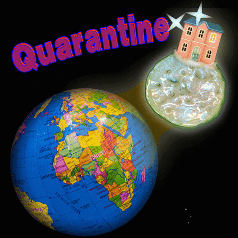 Digital art gif. Pink mansion resides on a shimmering, holographic moon floating next to a spinning globe in space. Sparkling diamond stars flicker between the two orbs, and purple text reading "Quarantine" wavers in the air.