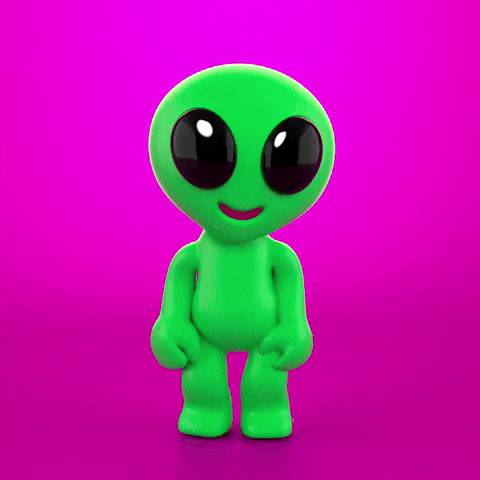 Pohyblivý gif s animovaným tancujícím zeleným ufonem na růžovém pozadí.