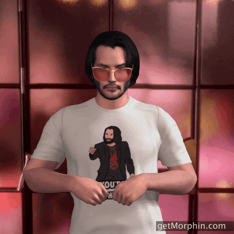 Cartoon gif. Keanu Reeves wears big pink tinted sunglasses and a white t-shirt with a meme of himself pointing with text that reads, “You're Breathtaking!” Keanu Reeves, with no expression on his face, throws gold confetti into the air and then does a little shimmy dance. 
