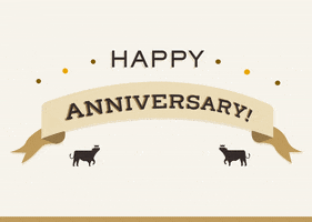 Text gif. While fireworks explode, a festive message in capital letters reads, “happy anniversary!”
