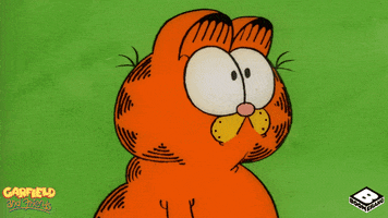 Cartoon gif. Garfield on Garfield and Friends looks at us wide-eyed and then puts a finger to his chin as he thinks. 