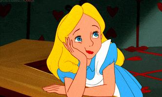 Disney gif. Animated Alice in Wonderland rests her arms on a table and her head in her palm, tapping her fingers methodically on her face and staring into the distance. She's bored AF. 