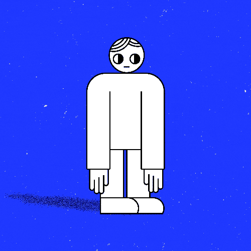 Digital Art gif. Noodly white figure stands against a blue background, shifting his eyes from side to side, then lifting his arm to wave at us.