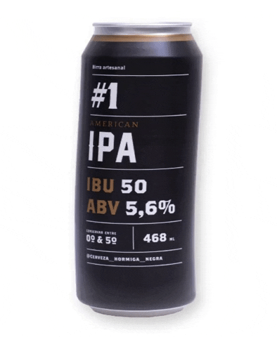 Ad gif. Wavy image of a tall can of Hormiga Negra beer with minimalist design, with white and brown text on a black background, reading, "Birra artesanal; #1; American IPA; IBU 50; ABV 5,6%; 468 mL; @cerveza_hormiga_negra."