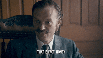 TV gif. A mustachioed Adam Campbell dressed in a period costume on Drunk History emphatically gestures and says "That's a fact, honey!" Text, "That's a fact, honey!"