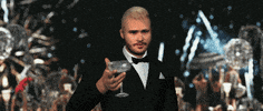 Meme gif. A man who is not Leonardo Di Caprio from The Great Gatsby stands over a background of fireworks at night, wearing a tux and raising his champagne glass as if to toast someone off screen. 