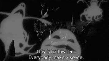 Movie gif. From the opening sequence of The Nightmare Before Christmas, a trio of transparent ghosts dance over Halloweentown as they sing, “This is Halloween. Everybody make a scene.”