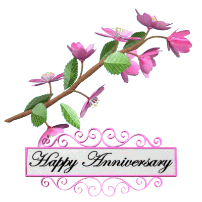 Otáčivý gif obrázek s rozkvetlou větvičkou stromu a nápisem "Happy anniversary". 