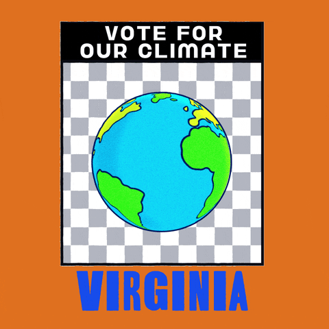 Digital art gif. Earth spins in front of a grey and white checkered background framed in an orange box. Text, “Vote for the climate. Virginia.”