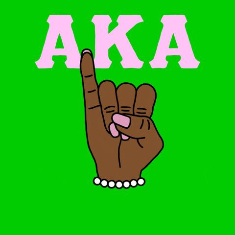 Illustrated gif. Deep brown hand with ballet slipper pink nail polish, pinky straight up, then in a fist of solidarity, under the Greek letters for Alpha Kappa Alpha on a kelly green background. Text, "Vote!"