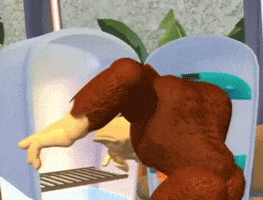 Video game gif. Disappointed Donkey Kong turns away from an empty fridge, looking hungry.