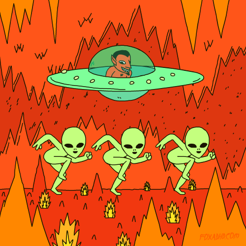 Illustrated gif. Three green aliens dance in unison, leaning forwards and stomping with moving their arms like they’re running in place. Above them is a green UFO that has a red devil looking character sitting inside who is watching the aliens below with a devilish smile.