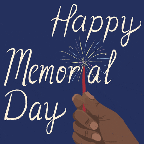 Digital art gif. Cartoon hand holds up a bright red sparkler firework that twinkles with pink, yellow, and blue sparks, all against a dark blue background. Text, "Happy Memorial Day."