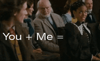 TV gif. Text, "you plus me equals," a young woman making a bump-and-grind gesture at a man with playful zeal in her eyes.