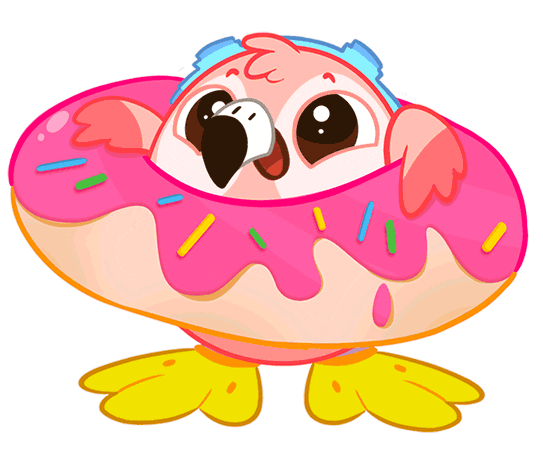 Pohyblivá barevná animace s malou sovičkou v plovoucím kruhu v podobě donutu s potápěčskými brýlemi.