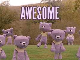 Video gif. Seven people wearing the same purple teddy bear costume dance around slowly and randomly in a field, bobbing their giant heads up and down. Text, “Awesome.”