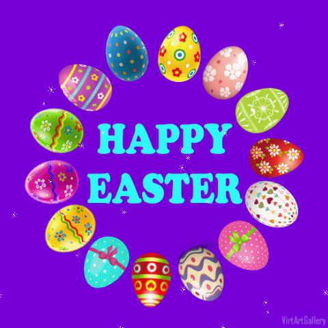Digital art gif. Circle of differently designed Easter eggs rotate around text that says, "Happy Easter!"