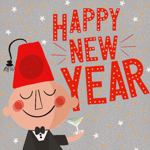 Digital art gif. Smiling man in a red Shriners hat and a tuxedo holds a martini amongst twinkling stars next to the message, “Happy New Year.”