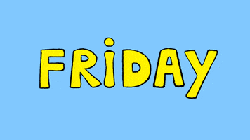 Cartoon gif. Simon Super Rabbit pops up in front of the word "Friday" and excitedly dances.