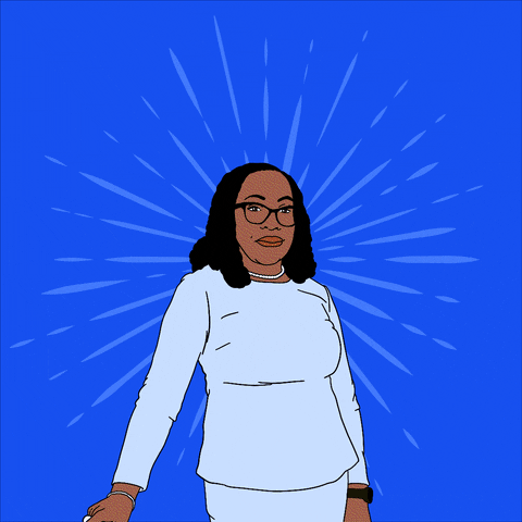 Digital art gif. Illustration of Supreme Court Justice Ketanji Brown Jackson wearing a blue pantsuit below all-caps text that reads, "Promises made, promises kept; the first Black woman on the U.S. Supreme Court," all against a blue background.