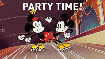 Disney gif. Minnie and Mickey Mouse roller skate beside each other and rhythmically bump hips. Text, "Party time!"
