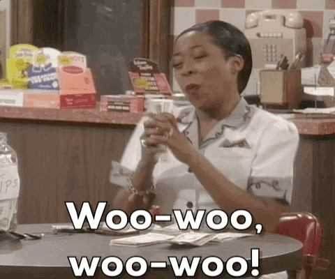 TV gif. Tichina Arnold as Pam on Martin holds a pile of dollar bills in her hand like a microphone as she yells into it, "Woo-woo, woo-woo!" before shaking the money in the air and smiling and laughing, "Haha!" and then counting it. 