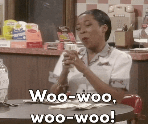 TV gif. Tichina Arnold as Pam on Martin holds a pile of dollar bills in her hand like a microphone as she yells into it, "Woo-woo, woo-woo!" before shaking the money in the air and smiling and laughing, "Haha!" and then counting it.