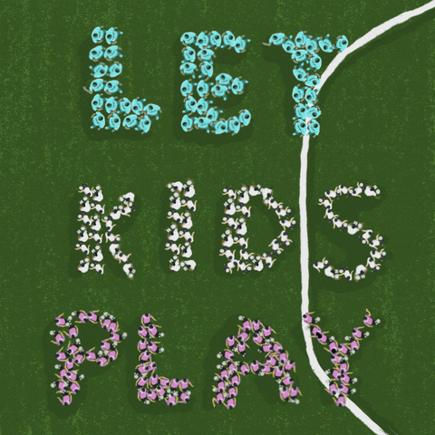 Digital art gif. As seen from above, three cartoon teams of squirming soccer players, in blue, white and pink jerseys, gather in groups on a lush green field to spell out "let kids play" in capital letters.