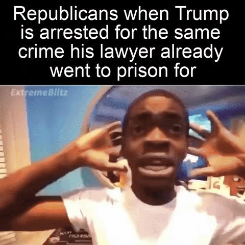 Political gif. Young Black boy, eyes wide with shock, stumbles around in a stilted, confused panic. Text reads, "Republicans when Trump is arrested for the same crime his lawyer already went to prison for."