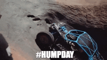Video gif. We see a dune buggy struggle to climb over a bluff. The angle changes to inside the car, where we see the driver jostling the steering wheel around. Suddenly, we're outside the car again, and the buggy overtakes the bump. Text, "Hashtag hump day."