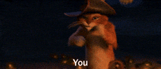 Movie gif. Puss in Boots from Shrek sashays toward us while raising his eyebrows and making finger guns. Text, "You."