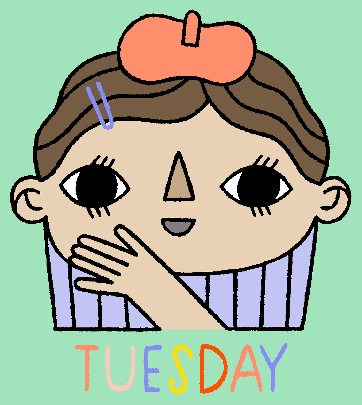 Illustrated gif. A young woman has her hand to her mouth and smiles at us with long lashes. Text, "Tuesday."