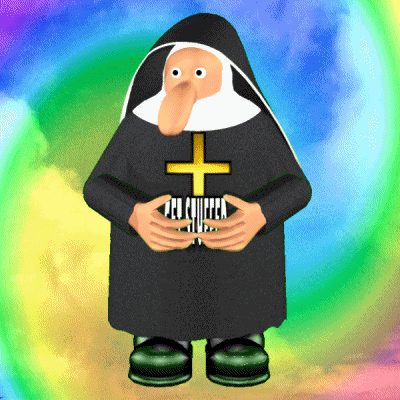 Digital art gif. Nun with a very long nose stands in front of a rainbow sky. The nun squeezes the text that’s in her hands. Text, “Get stuffed.”