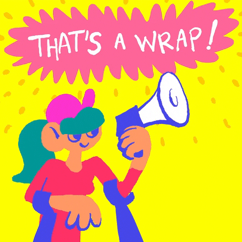 Illustrated gif.  A woman in a bright pink cap speaking into a megaphone. Text, "That's a wrap."