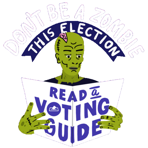 Digital art gif. Green zombie with an exposed brain reads a pamphlet against a transparent background. Text, “Don’t be a zombie this election; read a voting guide.”